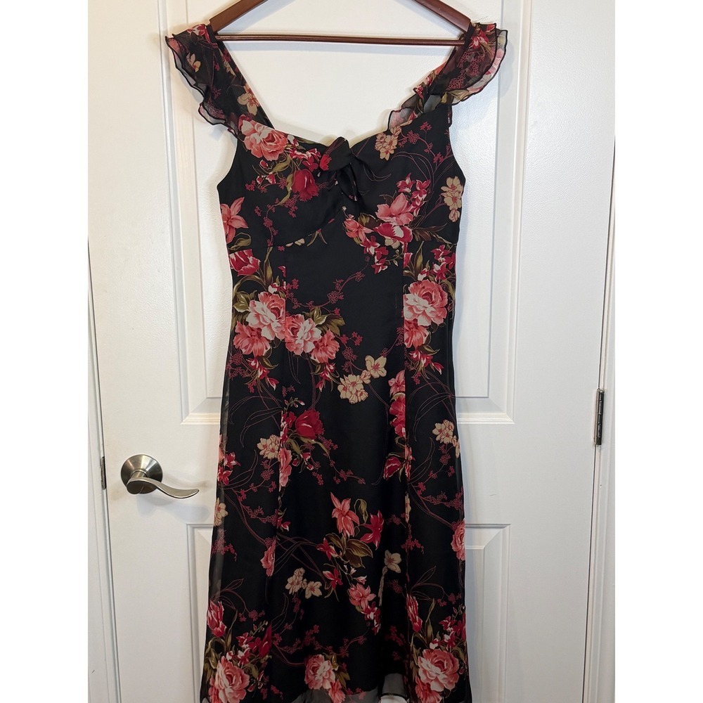 Vintage Madison Leigh Y2K Romantic Black Floral Ruffle Sleeve Midi Dress Size 10